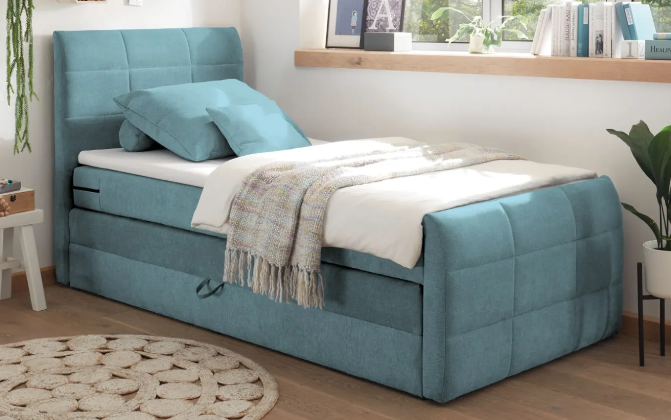 Boxspringbett Kuba 3, Uran 21 grün, 120 x 200 cm, inkl. Visco-Topper und Bettkasten