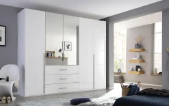 Drehtürenkleiderschrank Montclar, Hochglanz weiß, 250 x 223 cm, inkl. 2 Spiegeltüren und 3 Schubkästen