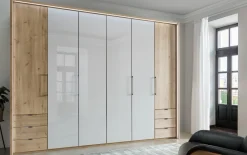 Drehtürenschrank Clivo, Glas weiß/Eiche Bianco Nachbildung, 300 x 220 cm