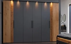 Drehtürenschrank Joline, Lack graphit/Wildeiche massiv, 299 x 222 cm