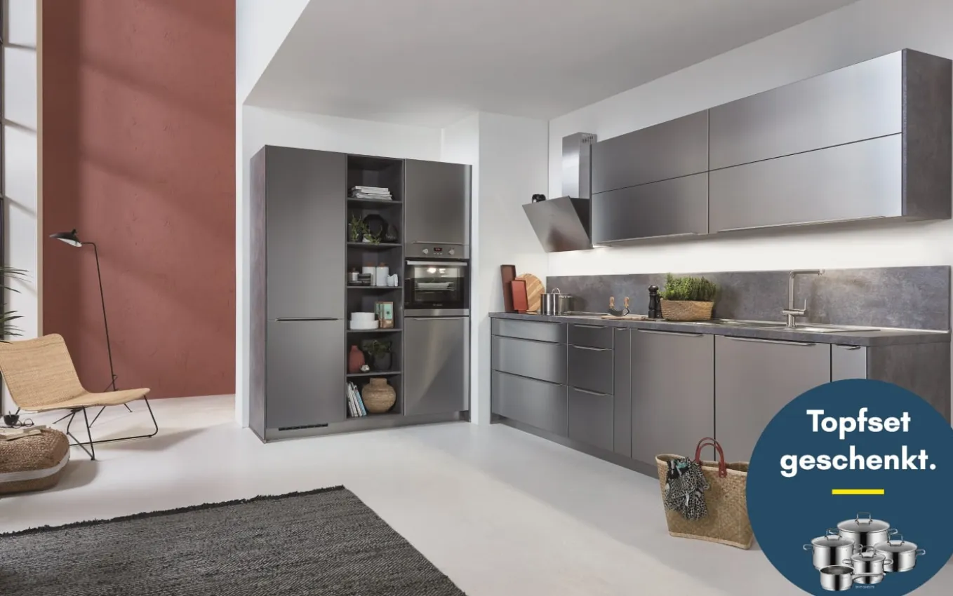 Einbauküche Inista, Stahl gebürstet, inkl. Privileg Elektrogeräte