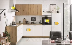 Einbauküche Wida/Plamos, weiß/Eiche Nachbildung, inkl. Elektrogeräte