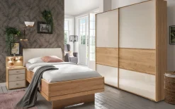 Komfortbett mit Polsterkopfteil Kiruna, Eiche, Absetzungen champagner, 100 x 200 cm