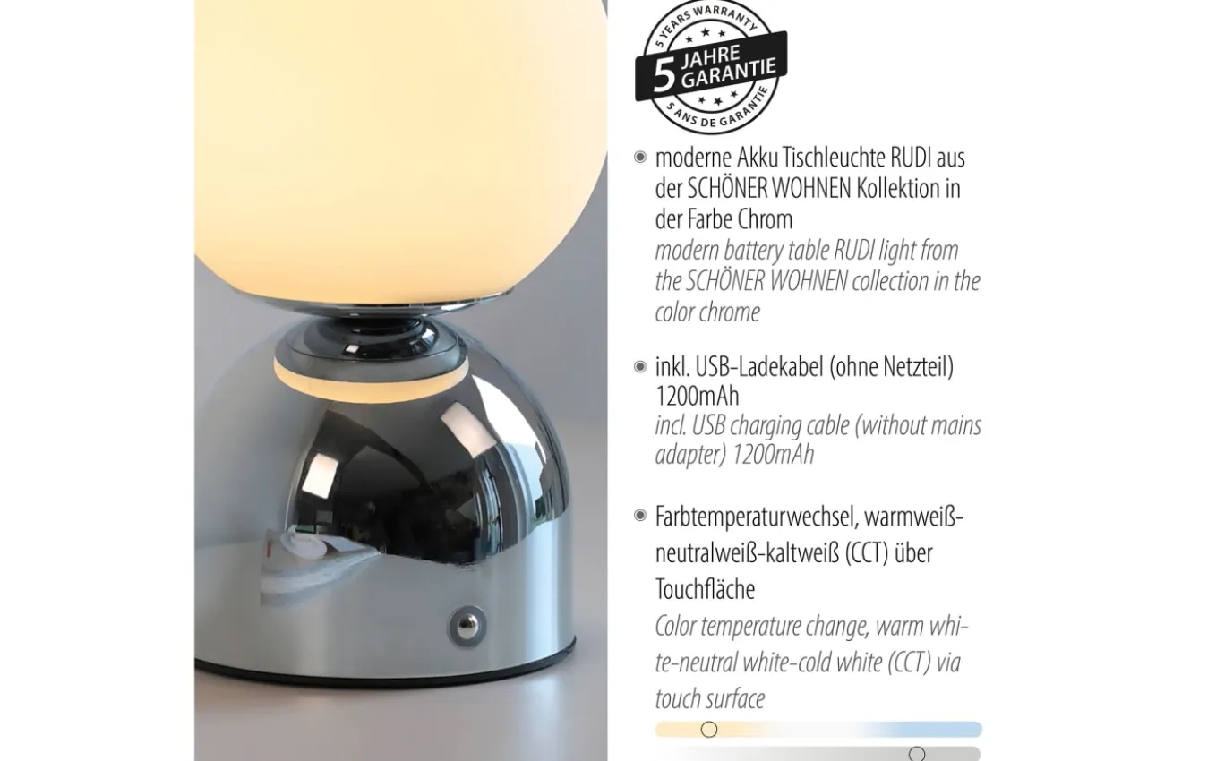 LED-Akkutischleuchte Rudi Schöner Wohnen, chromfarbig, inkl. CCT Funktion